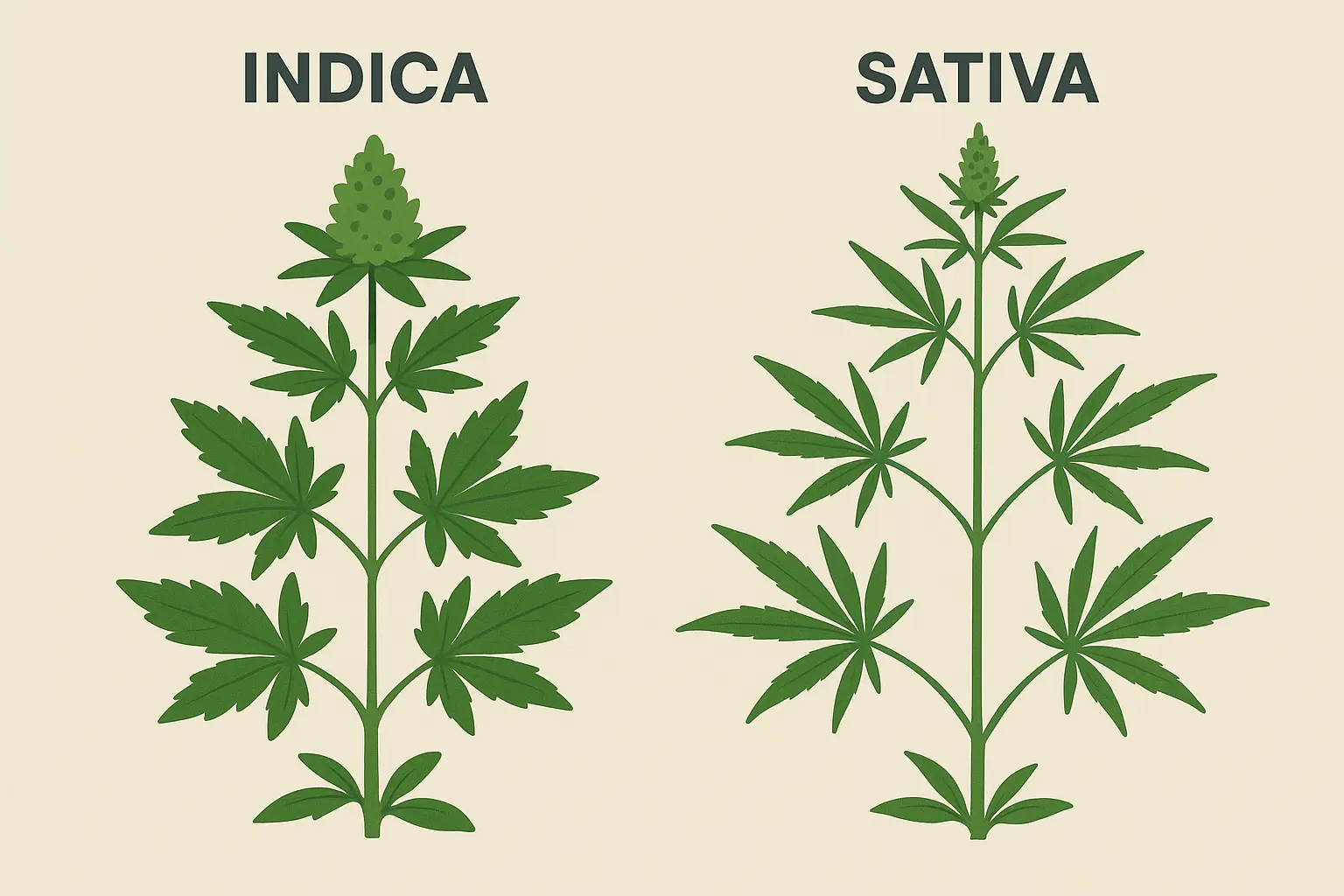 Indica-dominant cannabis plant structure comparison