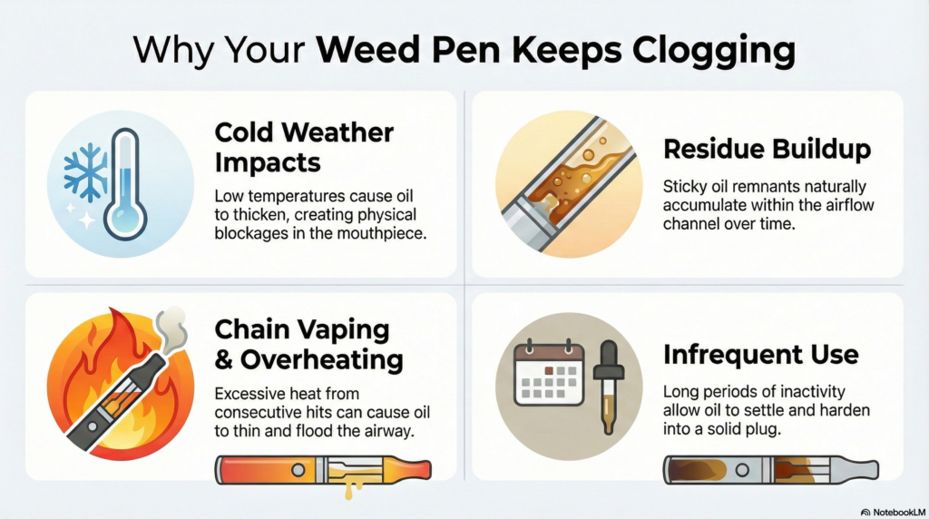 4 reasons a weed pen keeps clogging — cold oil, residue buildup, overheating, infrequent use