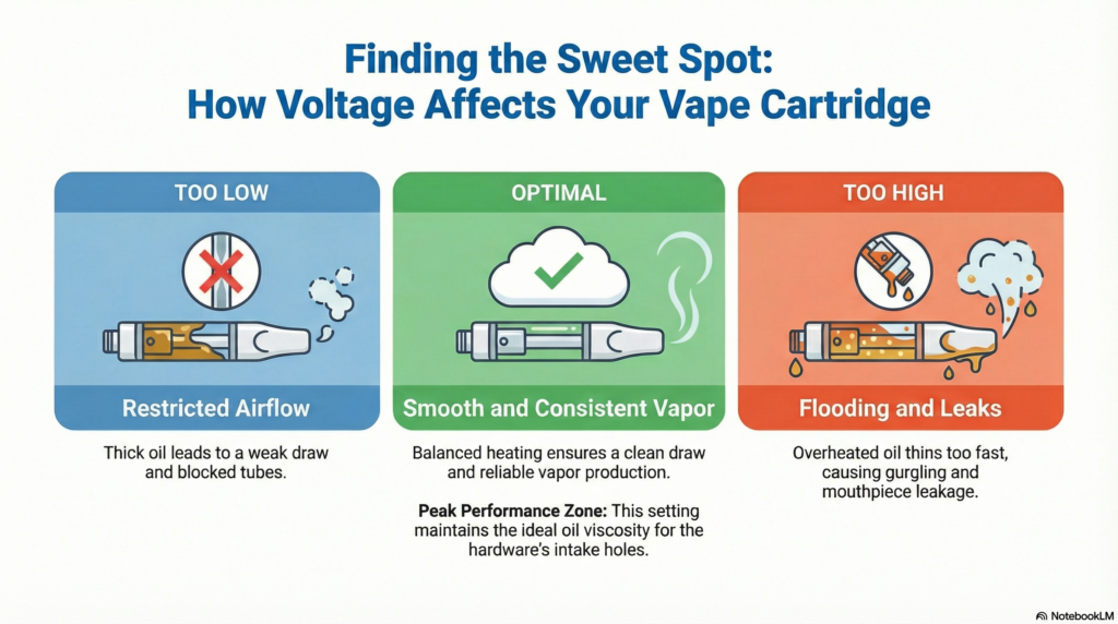 How voltage settings affect vape cartridge clogging — too low causes restriction, too high causes flooding