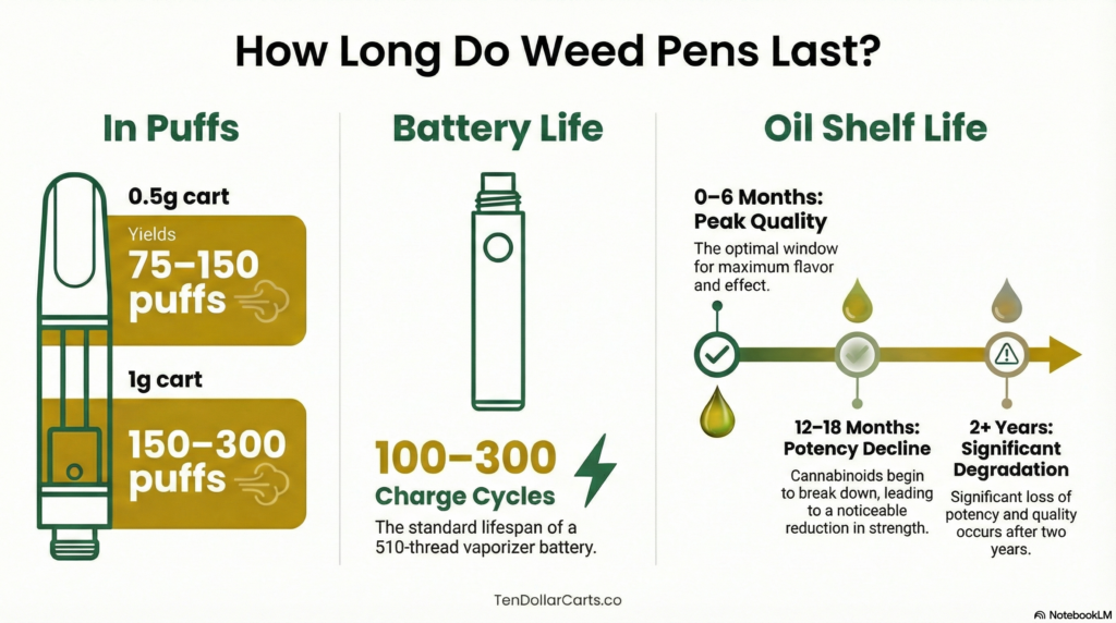 How long do weed pens last — a 510 thread cartridge and battery on a wooden surface