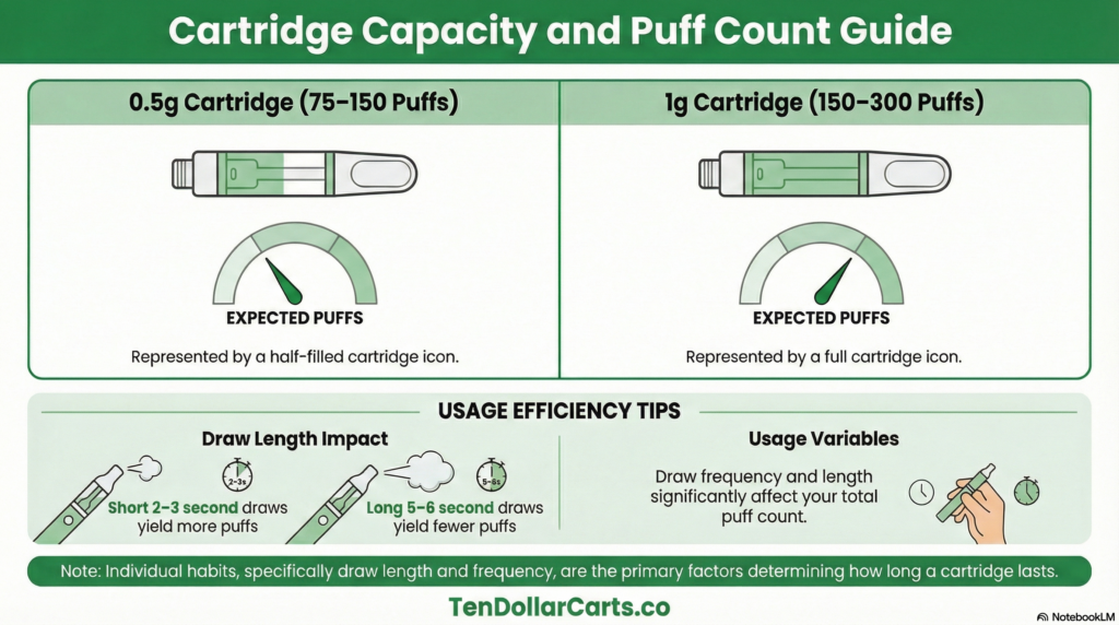 Infographic comparing puff counts for 0.5g and 1g weed pen cartridges