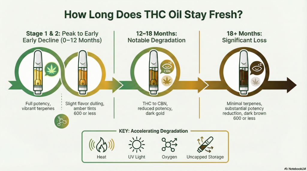 THC oil degradation timeline showing peak quality to significant potency loss over 18+ months