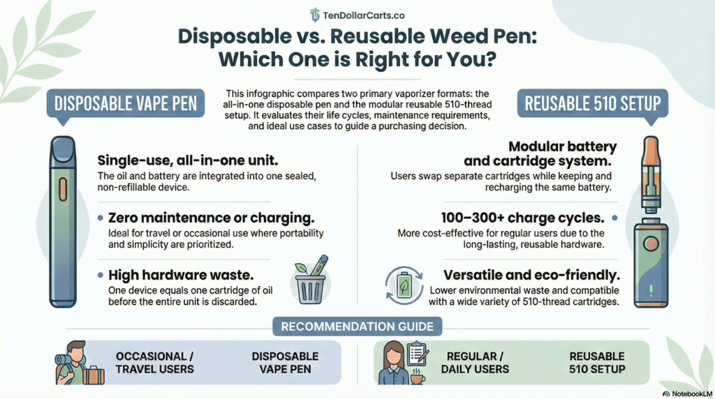 Comparison of disposable and reusable 510 thread weed pens showing lifespan, cost, and environmental impact