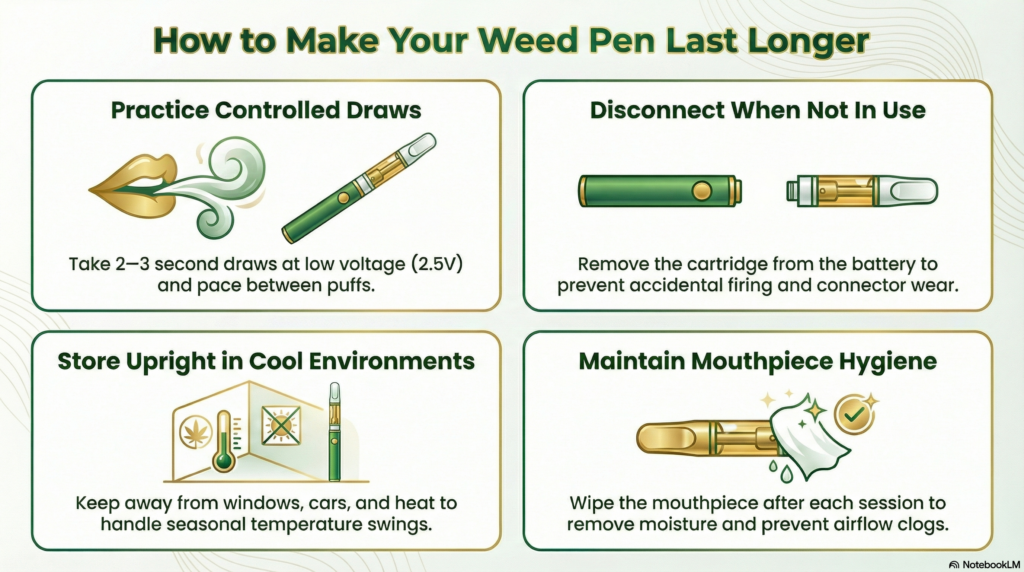 📷 IMAGE PLACEHOLDER
Weed Pen Storage and Longevity Tips Infographic
ALT TEXT:
Tips for making a weed pen cartridge last longer — storage, usage, and maintenance guide
.