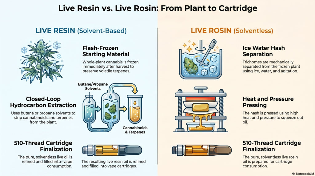 Live resin vs live rosin extraction process —
hydrocarbon extraction vs solventless ice water
hash for Canadian cannabis cartridges
