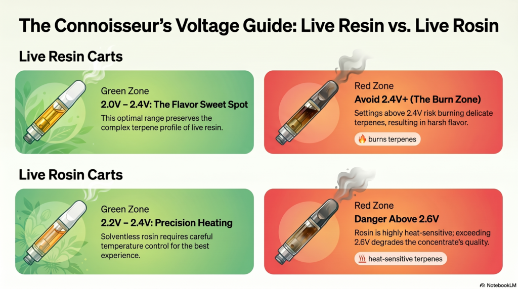 Recommended voltage settings for live resin and
live rosin carts in Canada — 2.0-2.4V for live
resin, 2.2-2.4V for live rosin, never above 2.6V