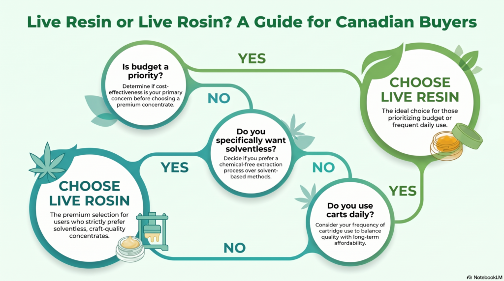 Live resin vs live rosin decision guide for
Canadian cannabis buyers — flowchart helping
choose between live resin and live rosin carts